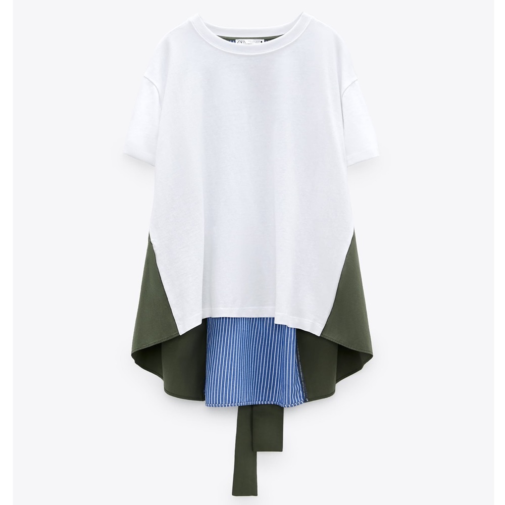 NWT ZARA Mixed Poplin T-Shirt White Green L